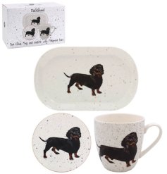 A lovely mug, coaster and tray set with a Dachshund design set in the centre.
