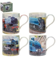 4 assorted mugs with vintage train illustrations. 