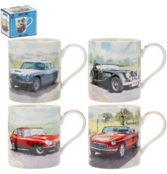 An assortment of 4 mugs each with paintings of classic cars sat in front of a scenic background.