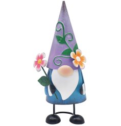 Add this gnome decoration to the garden this season. Wearing a blue outfit and a purple pointed hat, he's sure to bring 