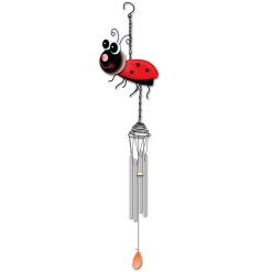 A musical wind chime made from metal in a cheery ladybird design.