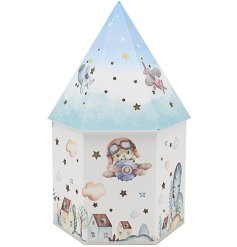 A light up LED house in a dome shape with animations or adorable dogs riding aeroplanes with stars and sky scenery. 