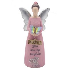 A sweet figurine detailing a female statue holding a dangling daughter sign with a butterfly on her wrist. 