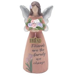 A lovely statue of an angel figure holding a bunch of flowers and a friend sign with sentimental text underneath. 