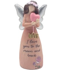 An angel wearing a pink gown holding onto a heart shaped balloon with 'Love' wording hung from string. 