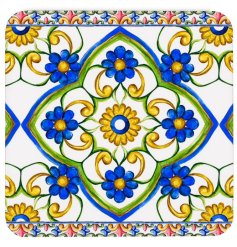 This Tuscany coaster showcases a captivating mosaic pattern in blue and yellow, evoking the charm of the Italian country