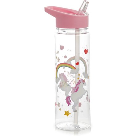 A pretty water bottle featuring a unicorn and rainbow design with floating star and heart prints.
