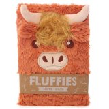 A fluffy A5 notebook with a Highland cow face front cover. 