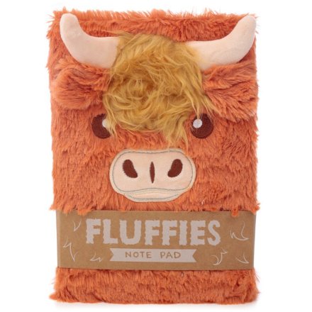 A bright and fluffy A5 notepad in the style of a highland cow. 
