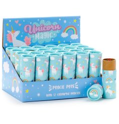 A sweet pot filled with colouring pencils from the Unicorn Magic range. 