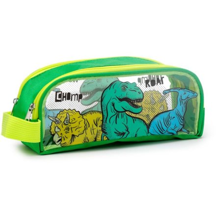 A dinosaur theme pencil case with two zips, a carry handle and a clear window. 