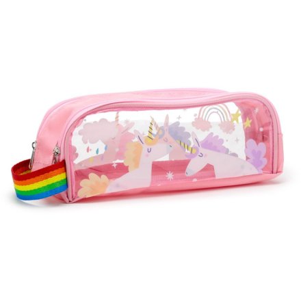 A pink and unicorn themed pencil case with a clear window and a carry handle. 