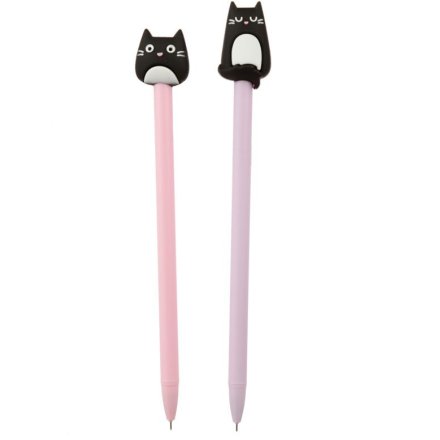 An assortment of 2 cat topped pens in pink and purple. 