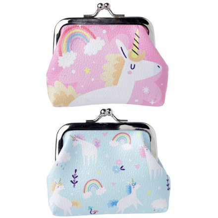 An assortment of 2 pretty tic tac purses each with a magical unicorn design. 