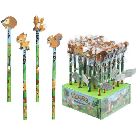 A green and woodland style pencil in 4 assorted designs, each topped with a animal design eraser. 