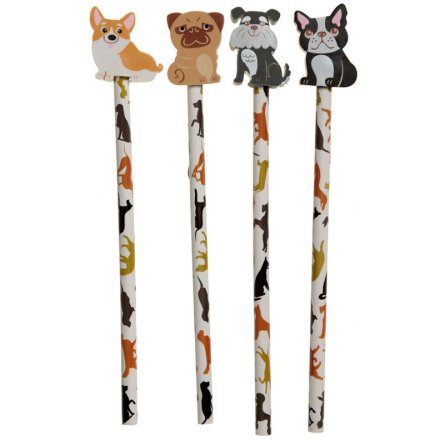 4 assorted dog themed pencils each with a dog topped eraser. 