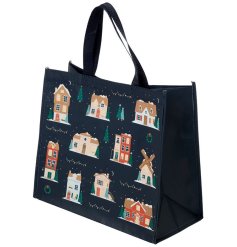 A reusable shopping bag made from recycled plastic bottles in a lovely Christmas village design. 