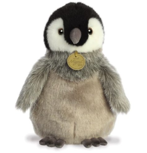 A super soft toy from the Miyoni tots range, featuring a emperor chick penguin with natural coloured fur
