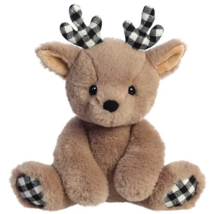 A taupe reindeer soft toy with black and white antlers. 