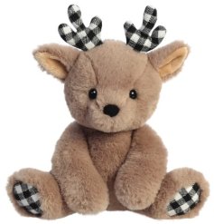 A taupe reindeer soft toy with black and white antlers. 