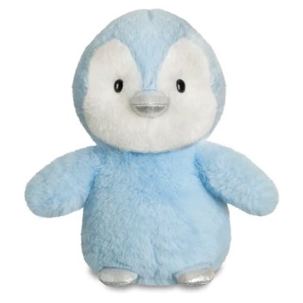 An adorable penguin soft toy in a blue colour way, with a silver beak and feet.