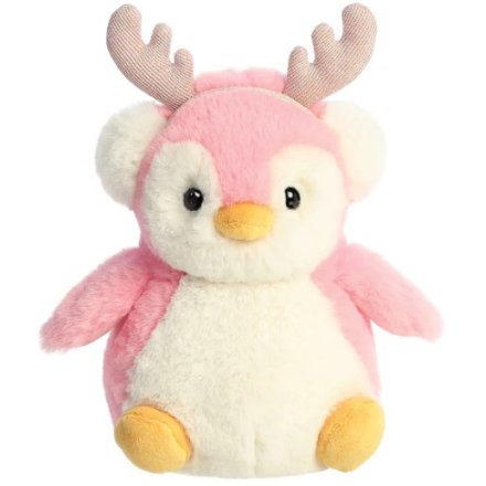 A sweet and super soft penguin toy in pink, wearing a set of sparkly reindeer pompom earmuffs. 