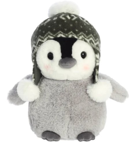 A medium sized penguin soft toy called Chiyu. He wears a winter hat to keep warm and has pink rosy cheeks.