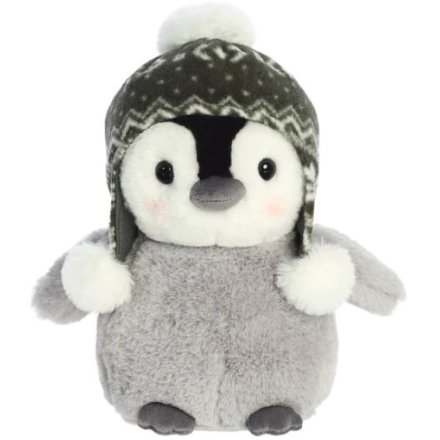 A medium sized penguin soft toy called Chiyu. He wears a winter hat to keep warm and has pink rosy cheeks.