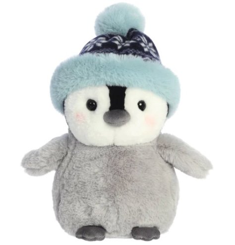 An adorable penguin soft toy in grey and blue colour tones. 
