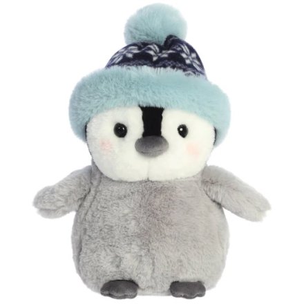 An adorable penguin soft toy in grey and blue colour tones. 