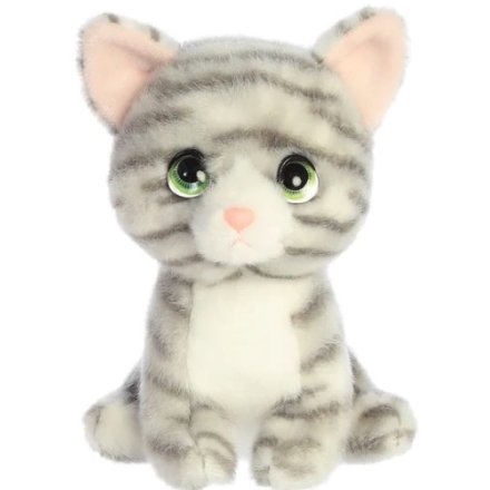 An adorable tabby cat soft toy in a grey striped design called Misty!