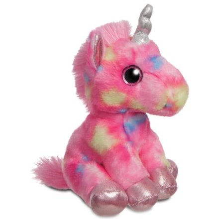 An adorable unicorn soft toy in a pink rainbow design from the sparkle tales range.  