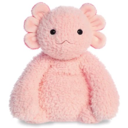 A pink fluffy soft toy in an Axolotl design. 