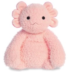 A pink fluffy soft toy in an Axolotl design. 