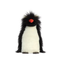Theo the Rockhopper penguin in a plush soft toy with long pile hair and suedette flippers.
