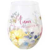 A stemless glass adorned with flower and bee illustrations and pink text.