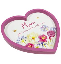 A heart shaped tray adorned with beautiful floral designs and a loving mum quote.