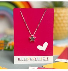 A silver plated necklace with a dainty star detail, attached to an A7 backed card with a heart image.