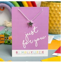 A silver plated necklace for that special someone, backed onto an A7 lilac card with the text 'just for you' .