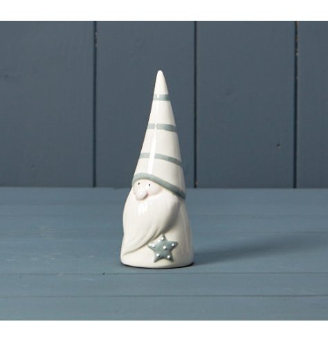 An elegant ceramic ornament in grey and white. Beautifully detailed with spot and stripe patterns. 