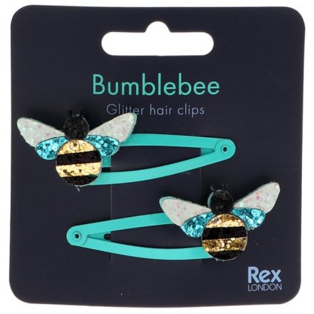 A set of 2 colourful hair clips, each with a sparkling glitter bumble bee. A unique gift and fashion accessory.