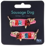 Add some unique style and glitter to your range with this colourful and quirky set of two sausage dog hair clips.