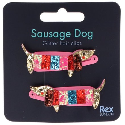 A set of two sparkling glitter sausage dog clips in vibrant, rainbow colours