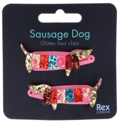 Add some unique style and glitter to your range with this colourful and quirky set of two sausage dog hair clips.