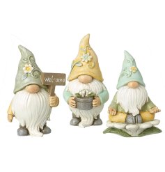 3 assorted cheery gnomes showcasing different poses wearing floral detailed hats