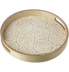 This rustic wooden tray in a circular shape is a great accessory for displaying in any room in the home. 