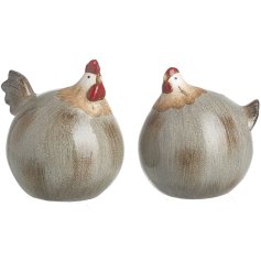2 assorted cockerel and hen ornaments detailing a brushed pattern oversized body. 