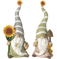 An assortment of 2 charming gonk ornaments in earthy green colours. Each is decorated with sunflowers and bees. 