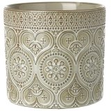 A highly decorated and beautifully detailed ceramic pot with a grey and green glazed finish.