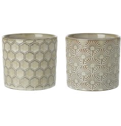 A mix of 2 patterned ceramic pots with a green grey finish. A stylish accessory with an earthy hue and pretty pattern.